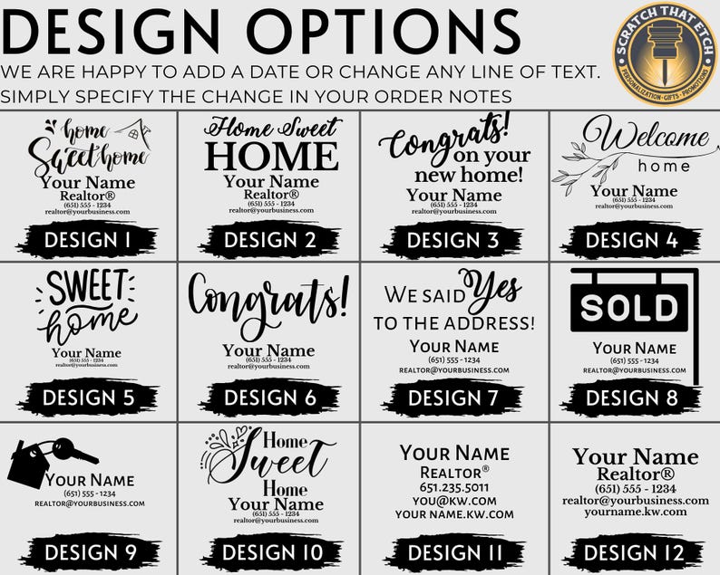 Op de afbeelding: Een grafiek met 12 ontwerpopties voor onroerend goed borden. Elk ontwerp bevat tekst zoals "Home Sweet Home", "Gefeliciteerd met je nieuwe huis!" en "Verkocht". De ontwerpen zijn in zwart en wit.