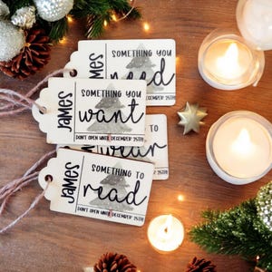 Personalized Gift Tags, Set of 4, Mindful Gifting Tag, Wooden Christmas Gift Tags, Want Need Wear Read, Reusable Gift Tags, Reusable Holiday