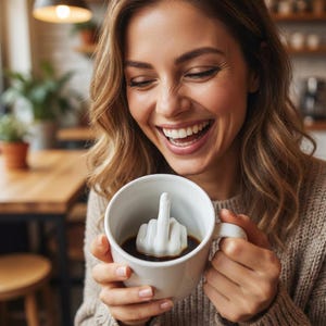 May include: A white ceramic coffee mug with a handle, filled with dark liquid and a white, hand-shaped sculpture inside, giving the middle finger. The mug is held by a person in a beige sweater.