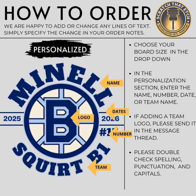 Peut inclure: Un design personnalis&eacute; avec un logo bleu et blanc, avec le texte "MINELL SQUIRT B1" et les ann&eacute;es 2025 et 2026. Le design comprend des instructions pour la commande et des options de personnalisation.