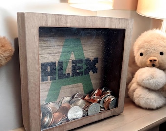 Personalized Money Box, Savings Piggy Bank, Wooden Coin Bank, Boys Girls Kids Nursery Room Decor, Bank Gift, Money Gift, Shadow Box, Bank