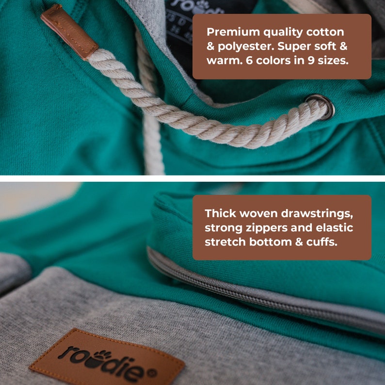 May include: A teal blue hooded sweatshirt with a brown leather patch and a white rope drawstring. The sweatshirt has a gray and teal blue color block design and a zipper pocket. The text "rodie" is on the brown leather patch.
