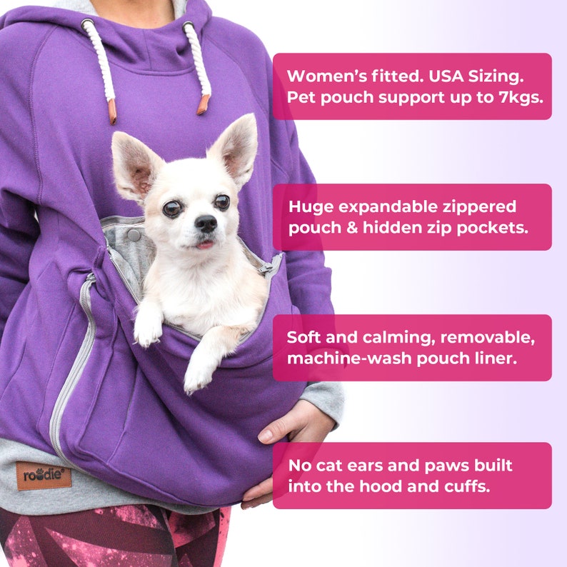 Roodie Pet Pouch Hoodie Cat / Dog / Small Pet Holder Cuddle Sweatshirt Large Kangaroo Carrier Pocket Womens Fit image 7
