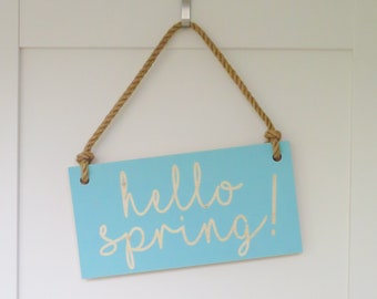 16x8" | Hello Spring Sign with your text Dusty Mint | Wooden sign with jute rope | Handmade | Solid wood