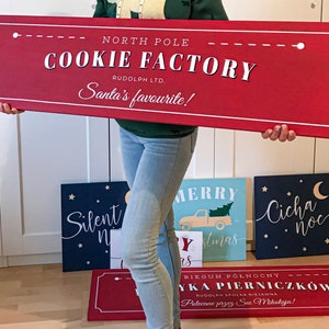 48x12 JUMBO Custom Wood Sign Cookie Factory, Christmas Wooden Sign, Gift, Personalized, Winter Decor, Handmade, Home Decor, Santa zdjęcie 2