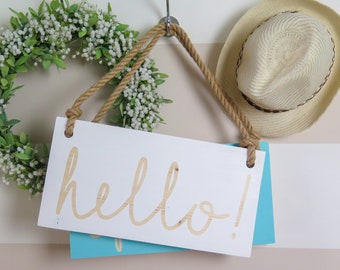 16x8" | Hello Sign with your text White | Wooden sign with jute rope | Handmade | Solid wood