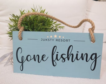 16x8" | Gone fishing Sign with your text Dusty Mint | Wooden sign with jute rope | Angler | Handmade | Solid wood