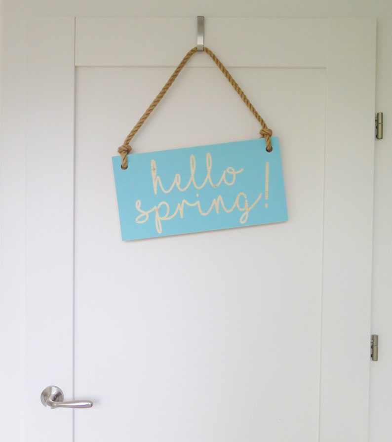 16x8 Hello Spring Sign with your text Dusty Mint Wooden sign with jute rope Handmade Solid wood zdjęcie 1