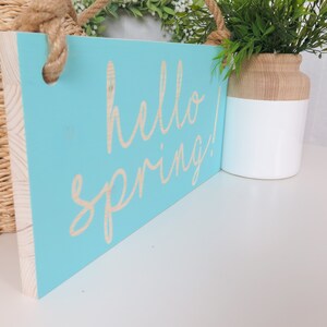 16x8 Hello Spring Sign with your text Dusty Mint Wooden sign with jute rope Handmade Solid wood zdjęcie 5