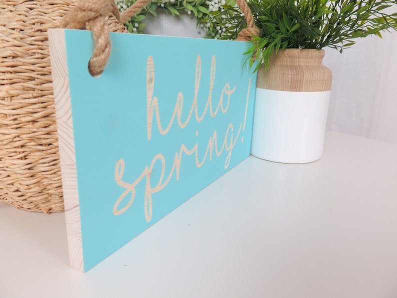 16x8 Hello Spring Sign with your text Dusty Mint Wooden sign with jute rope Handmade Solid wood zdjęcie 5