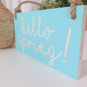16x8 Hello Spring Sign with your text Dusty Mint Wooden sign with jute rope Handmade Solid wood zdjęcie 6