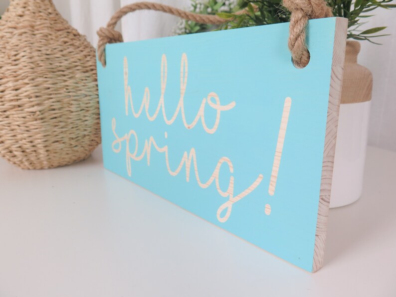 16x8 Hello Spring Sign with your text Dusty Mint Wooden sign with jute rope Handmade Solid wood zdjęcie 6