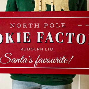 48x12 JUMBO Custom Wood Sign Cookie Factory, Christmas Wooden Sign, Gift, Personalized, Winter Decor, Handmade, Home Decor, Santa zdjęcie 3