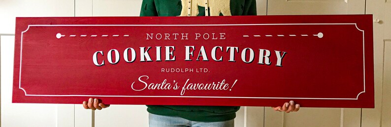 48x12 JUMBO Custom Wood Sign Cookie Factory, Christmas Wooden Sign, Gift, Personalized, Winter Decor, Handmade, Home Decor, Santa zdjęcie 3