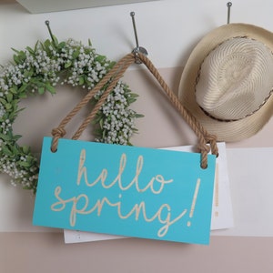 16x8 Hello Spring Sign with your text Dusty Mint Wooden sign with jute rope Handmade Solid wood zdjęcie 4