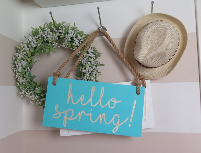 16x8 Hello Spring Sign with your text Dusty Mint Wooden sign with jute rope Handmade Solid wood zdjęcie 4