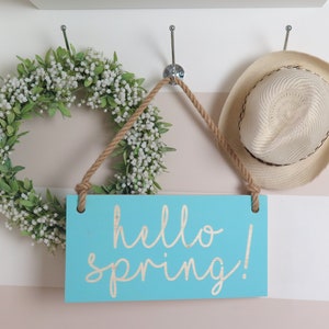 16x8 Hello Spring Sign with your text Dusty Mint Wooden sign with jute rope Handmade Solid wood zdjęcie 2