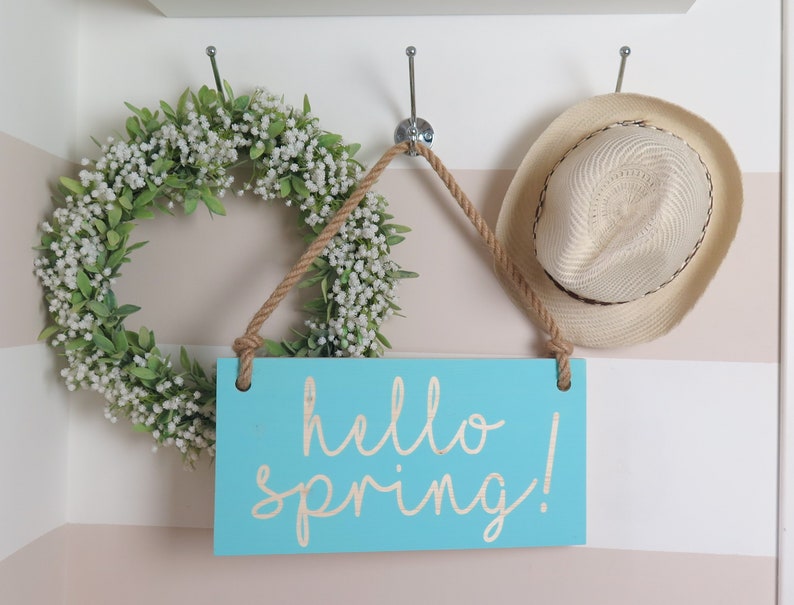 16x8 Hello Spring Sign with your text Dusty Mint Wooden sign with jute rope Handmade Solid wood zdjęcie 2