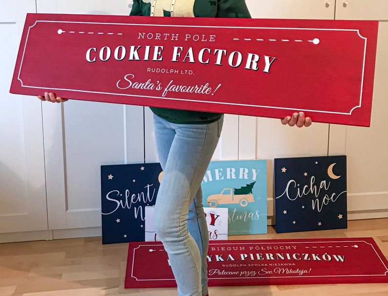 48x12 JUMBO Custom Wood Sign Cookie Factory, Christmas Wooden Sign, Gift, Personalized, Winter Decor, Handmade, Home Decor, Santa zdjęcie 2