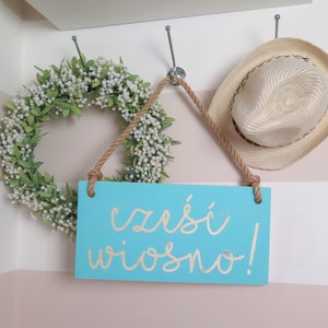 16x8 Hello Spring Sign with your text Dusty Mint Wooden sign with jute rope Handmade Solid wood zdjęcie 3