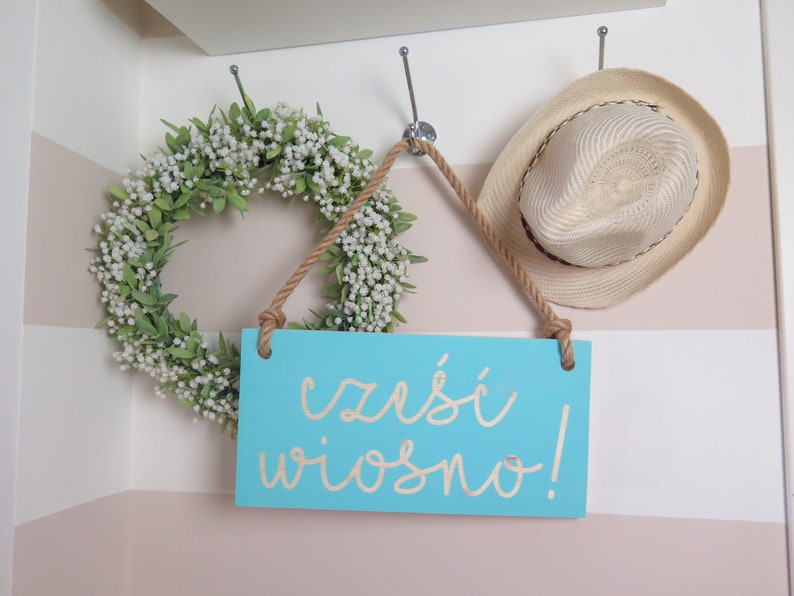 16x8 Hello Spring Sign with your text Dusty Mint Wooden sign with jute rope Handmade Solid wood zdjęcie 3
