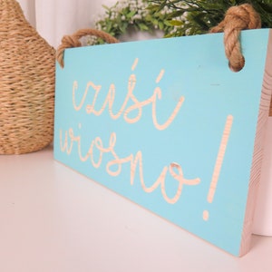 16x8 Hello Spring Sign with your text Dusty Mint Wooden sign with jute rope Handmade Solid wood zdjęcie 8