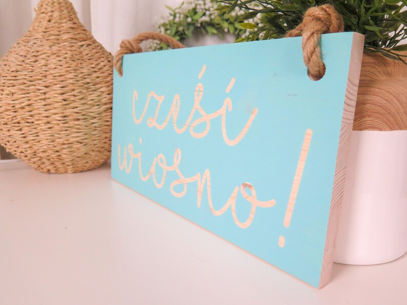 16x8 Hello Spring Sign with your text Dusty Mint Wooden sign with jute rope Handmade Solid wood zdjęcie 8