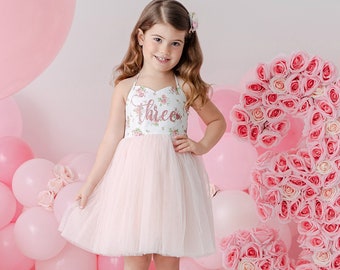 3rd Birthday Dress, Birthday Outfit, Flower Girl Dress, Birthday Dress Pink Tutu, Girl Birthday Dress Pink Flowers Tutu