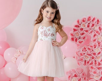 Robe pour 3e anniversaire, tenue d'anniversaire, robe de demoiselle d'honneur, robe d'anniversaire tutu rose, robe d'anniversaire fille tutu fleurs roses