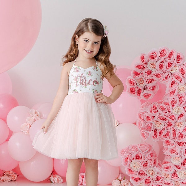 3rd Birthday Dress, Birthday Outfit, Flower Girl Dress, Birthday Dress Pink Tutu, Girl Birthday Dress Pink Flowers Tutu