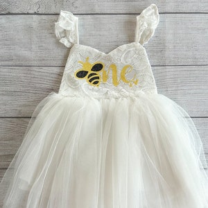 Bee One First Birthday Dress, First birthday dress tutu, Cake smash outfit, White & Yellow Dress, Bee One Sweet One Bumble Bee Birthday