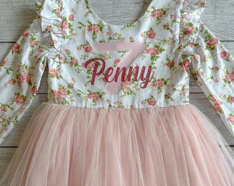 Birthday Dress with AGE & Name Pink Tutu Party Dress Long Sleeve Four Birthday Outfit Baby Girl Birthday Outfit Pink Floral Birthday Dress