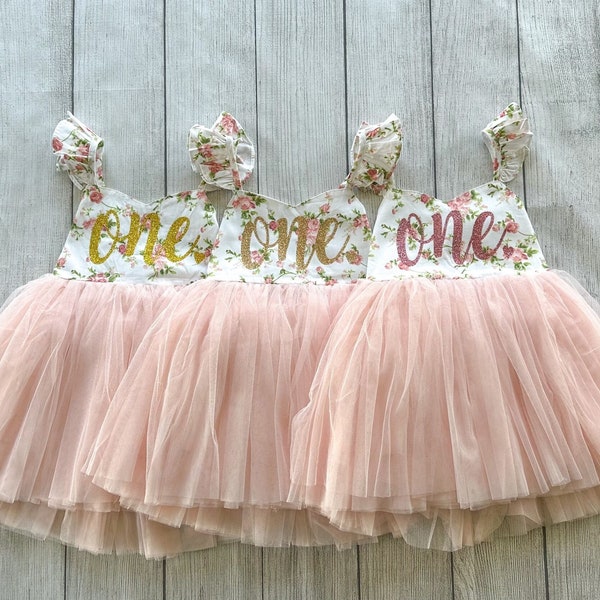 First Birthday Dress, Cake Smash Outfit, Flower Girl Dress, 1st Birthday Dress Pink Tutu, Girl First Birthday Dress Pink Flowers Tutu,