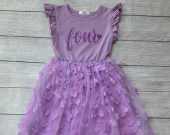 Tutu robe d'anniversaire violette, tenue d'anniversaire tutu fleur, anniversaire robe violette, anniversaire robe violette Tutu, âge sur la robe ou prénom