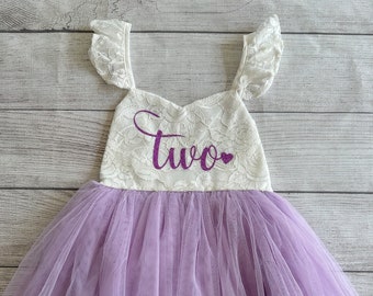 Robe blanche et mauve 2e anniversaire, tenue Cake Smash, robe de demoiselle d'honneur, robe tutu fille, robe pour deuxième anniversaire, robe d'anniversaire pour tout-petit