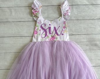 Robe pour 6e anniversaire, tenue Cake Smash, robe de demoiselle d'honneur, robe d'anniversaire tutu, robe pour premier anniversaire de fille rose fleurs violettes Tutu SIX Bday