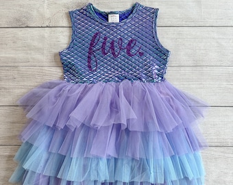 5th Mermaid Birthday Dress, Toddler Dress, Long Sleeve Tutu Dress, Girl Party Dress, Wedding Dress, Purple Tutu Dress, Purple Birthday Dress