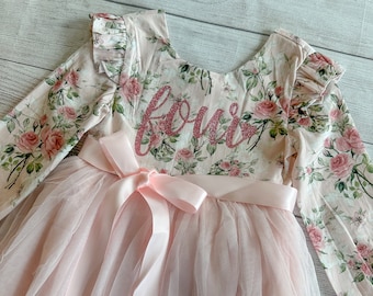 Robe de 4e anniversaire fille Tutu rose robe de soirée à manches longues tenue de quatre anniversaires tenue d'anniversaire de bébé fille Robe d'anniversaire florale rose