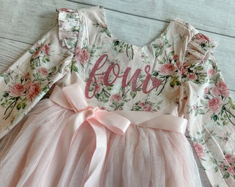 4th Birthday Dress Girls Pink Tutu Party Dress Long Sleeve Four Birthday Outfit Baby Girl Birthday Outfit Pink Floral Birthday Dress