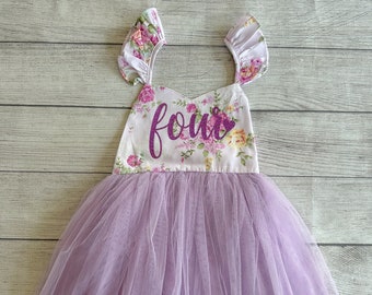 Vestito per il 4° compleanno, vestito per la torta smash, vestito per la damigella d'onore, vestito da compleanno con tutù, vestito per il primo compleanno della bambina con fiori rosa e viola.