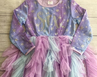 Robe d'anniversaire d'hiver à manches longues, robe tutu violette avec flocons de neige, robe pour tout-petit, robe de petite fille, robe de soirée fille, fête de la reine des neiges