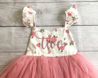 2nd Birthday Dress, Birthday Outfit, Flower Girl Dress, Birthday Dress Tutu, Girl First Birthday Dress Pink Flowers Tutu