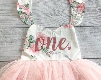 First Birthday Dress, Cake Smash Outfit, Flower Girl Dress, Birthday Dress Tutu, Girl First Birthday Dress Pink Flowers Tutu