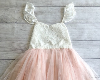 White and Light Pink Baby Dress, Cake Smash Outfit, Flower Girl Dress, Birthday Dress Tutu, Girl First Birthday Dress, White Lace Dress