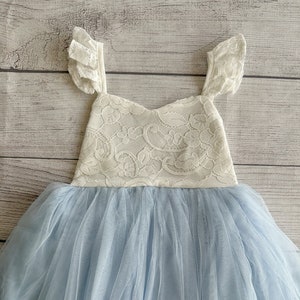 White and Light Blue Baby Dress, Cake Smash Outfit, Flower Girl Dress, Birthday Dress Tutu, Girl First Birthday Dress, White Lace Dress