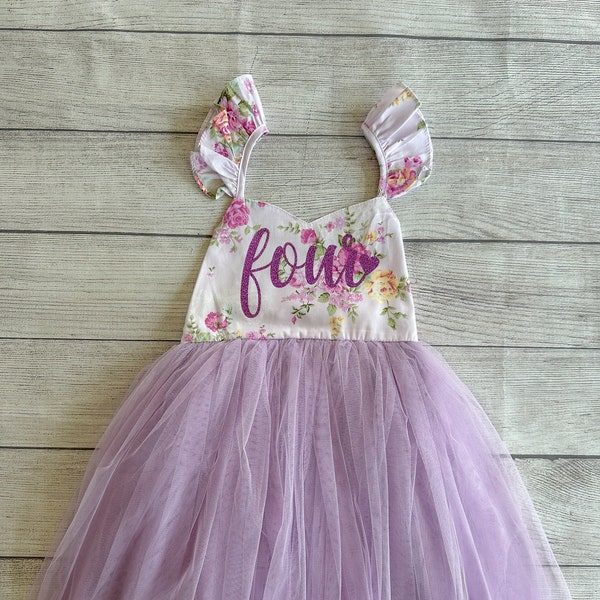 4th Birthday Dress, Cake Smash Outfit, Flower Girl Dress, Birthday Dress Tutu, Girl First Birthday Dress Pink Purple Flowers Tutu