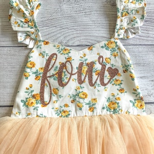 4th Yellow Birthday Dress, Cake Smash Outfit, Flower Girl Dress, Birthday Dress Tutu, Girl First Birthday Dress Pink Yellow Flowers Tutu