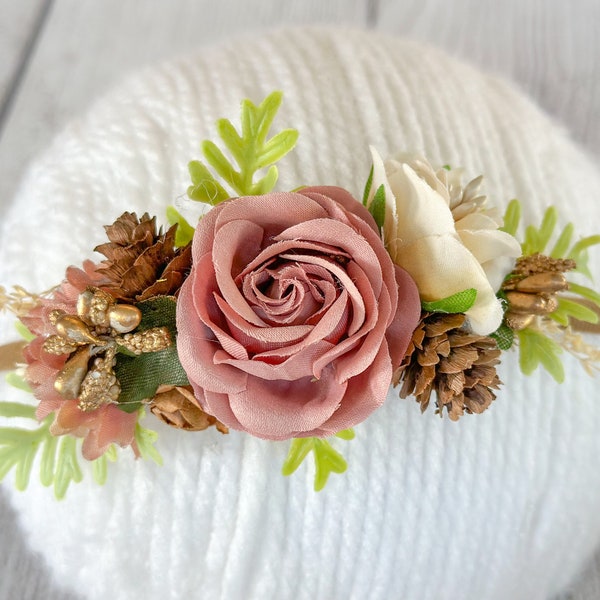 Baby Girl Acorn Headband, First Birthday, 2nd Birthday, Woodland Birthday Party, Floral Crown, Baby Boho, Toddler Fall Rose Gold Flowers