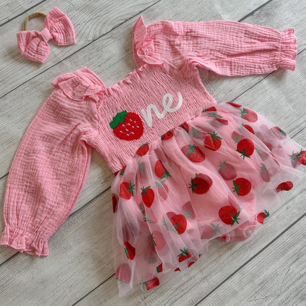 Un cumpleaños de fresa, traje de aplastamiento de pastel, primer traje de fresa de mangas largas, mono de tutú de cumpleaños, primer cumpleaños, dulce rosa, un cumpleaños