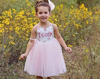 4th Birthday Dress, 4 Year Old Birthday Outfit, Flower Girl Dress, Birthday Dress Pink Tutu, Girl Birthday Dress Pink Flowers Tutu